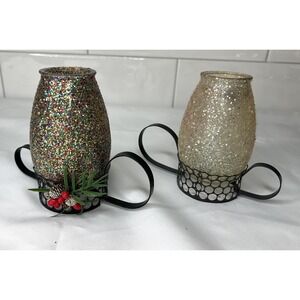 Laurence Xmas Mini Hurricane Lamp /Candle Holders- Color Glitter & Silver Vtg